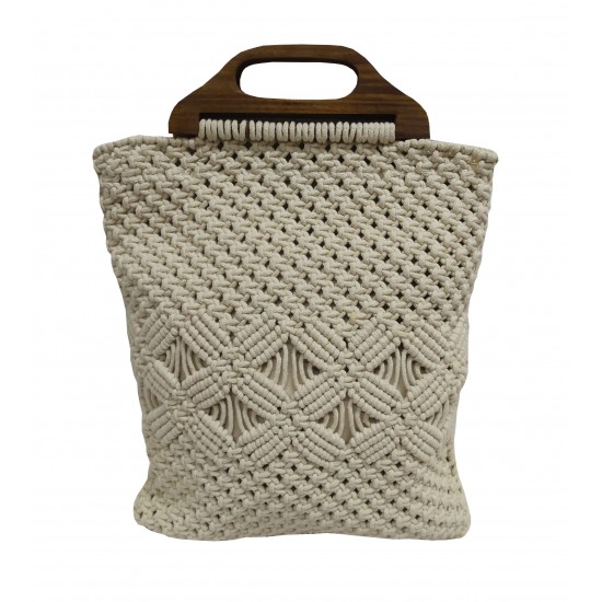 ΤΣΑΝΤΑ MACRAME ΚΟΜΒΟΣ 100% ΒΑΜΒΑΚΙ NATURAL WITH WOODEN HANDLE 40X35